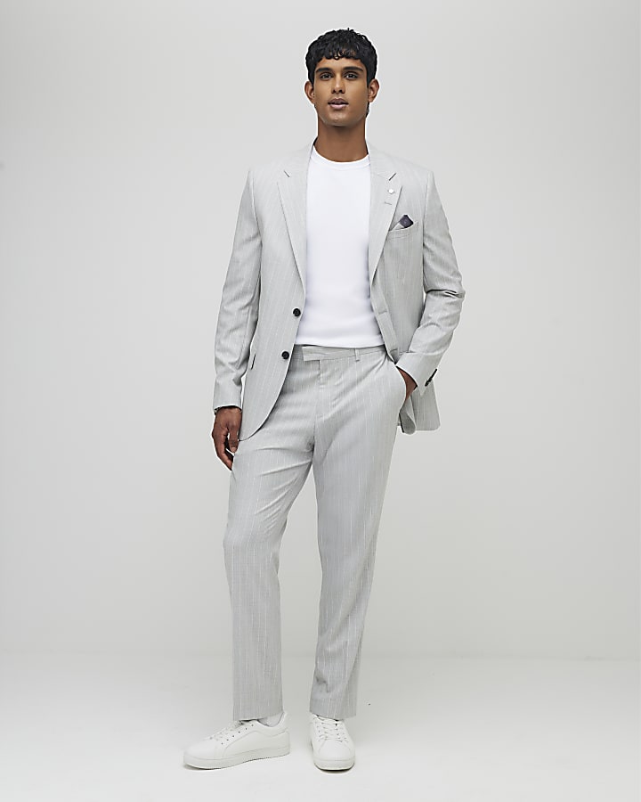 Grey Regular Fit Pinstriped Suit Jacket