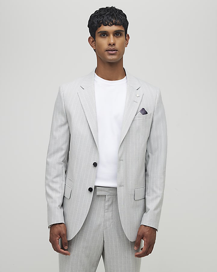 Grey Regular Fit Pinstriped Suit Jacket