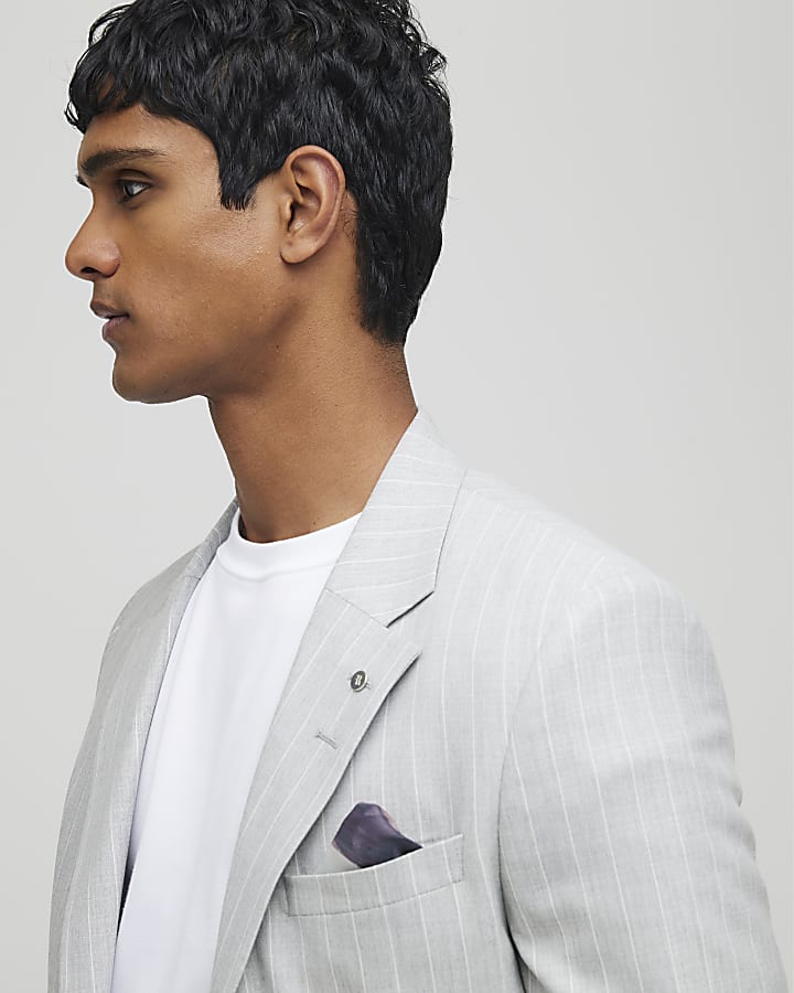 Grey Regular Fit Pinstriped Suit Jacket