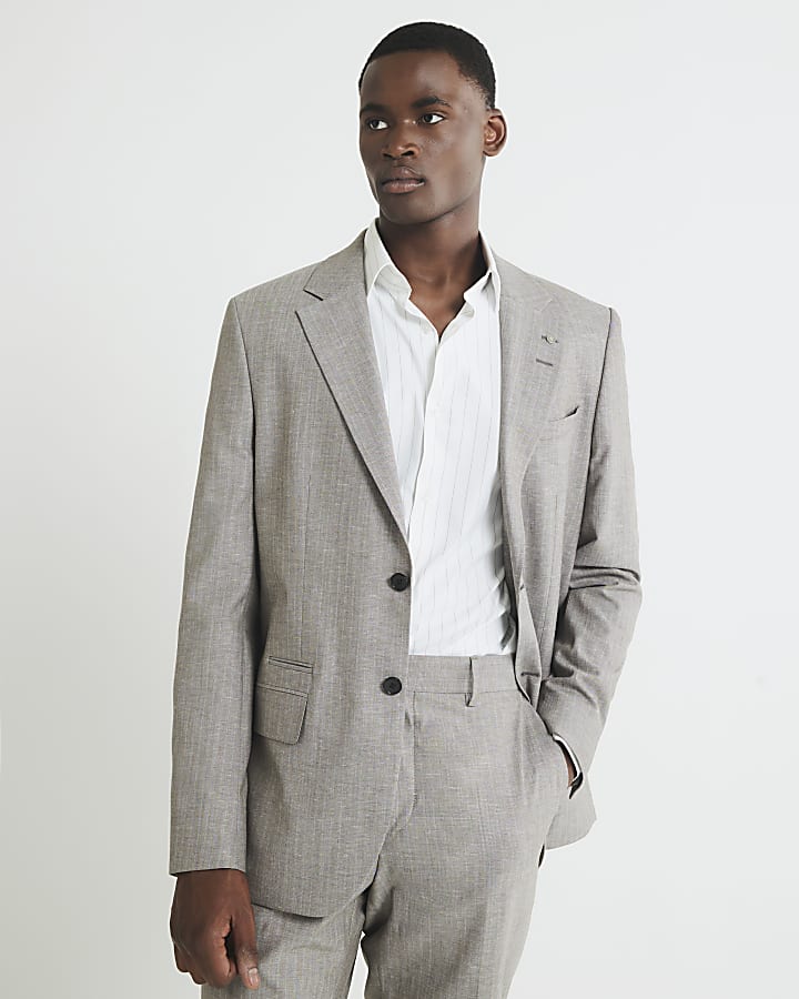 Brown Regular Fit Pinstriped Suit Jacket