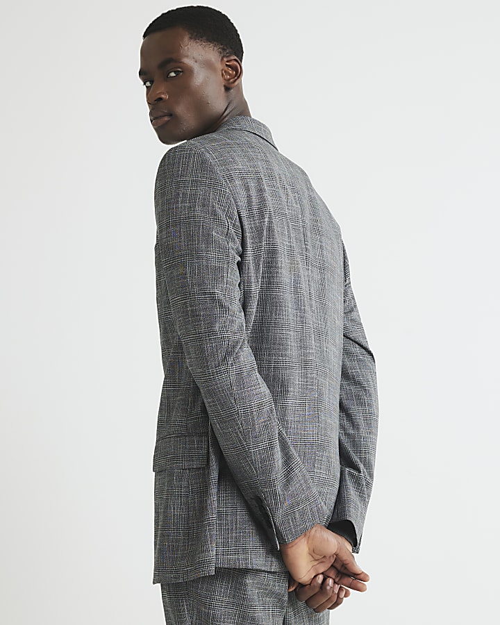 Grey Regular Fit Check Suit Jacket