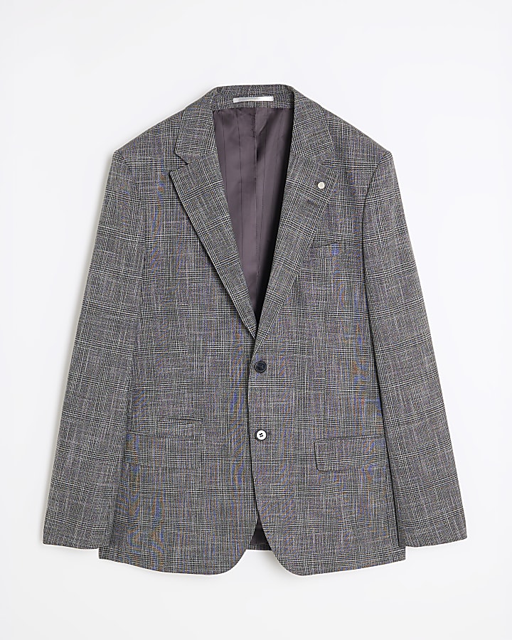 Grey Regular Fit Check Suit Jacket