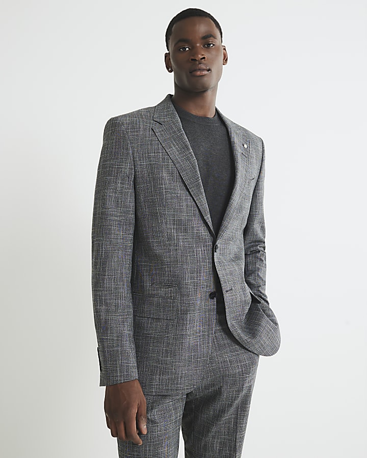 Grey Regular Fit Check Suit Jacket