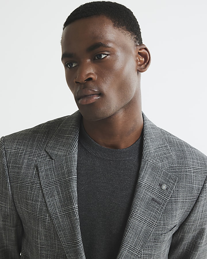 Grey Regular Fit Check Suit Jacket