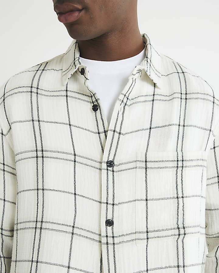 Cream Long Sleeve Regular Fit Checked Shirt