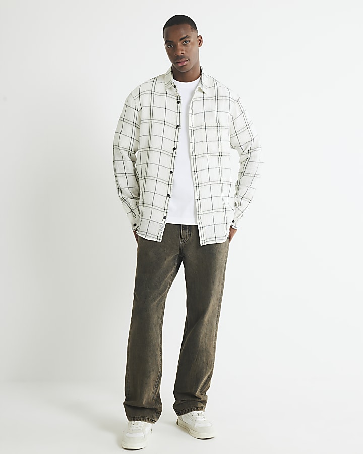 Cream Long Sleeve Regular Fit Checked Shirt