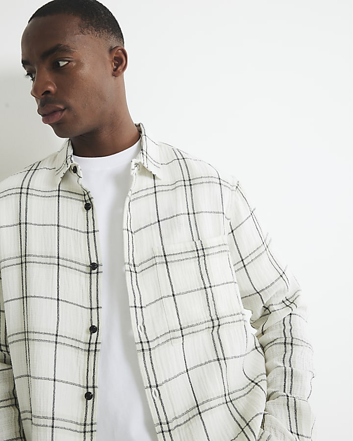 Cream Long Sleeve Regular Fit Checked Shirt