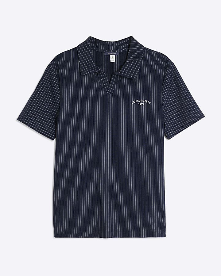 Navy Slim Fit Stripe Open Neck Polo Shirt