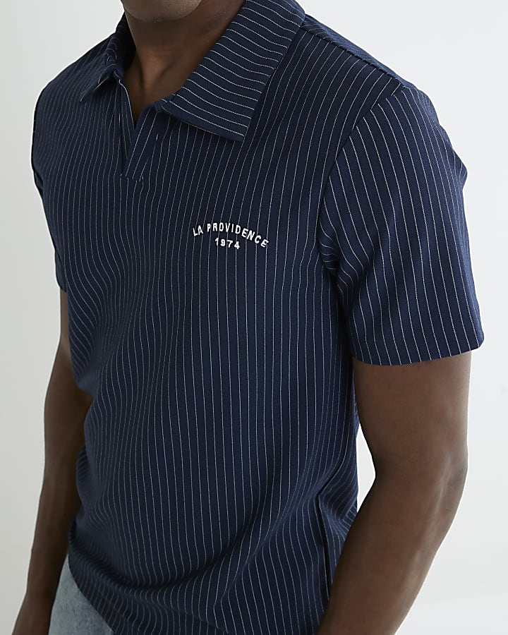 Navy Slim Fit Stripe Open Neck Polo Shirt