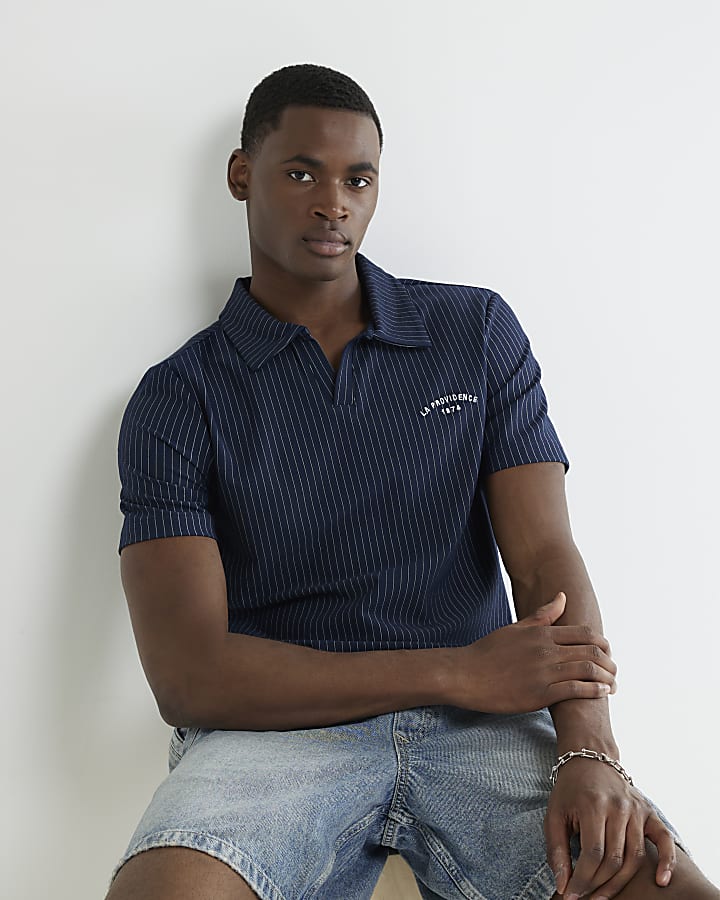 Navy Slim Fit Stripe Open Neck Polo Shirt