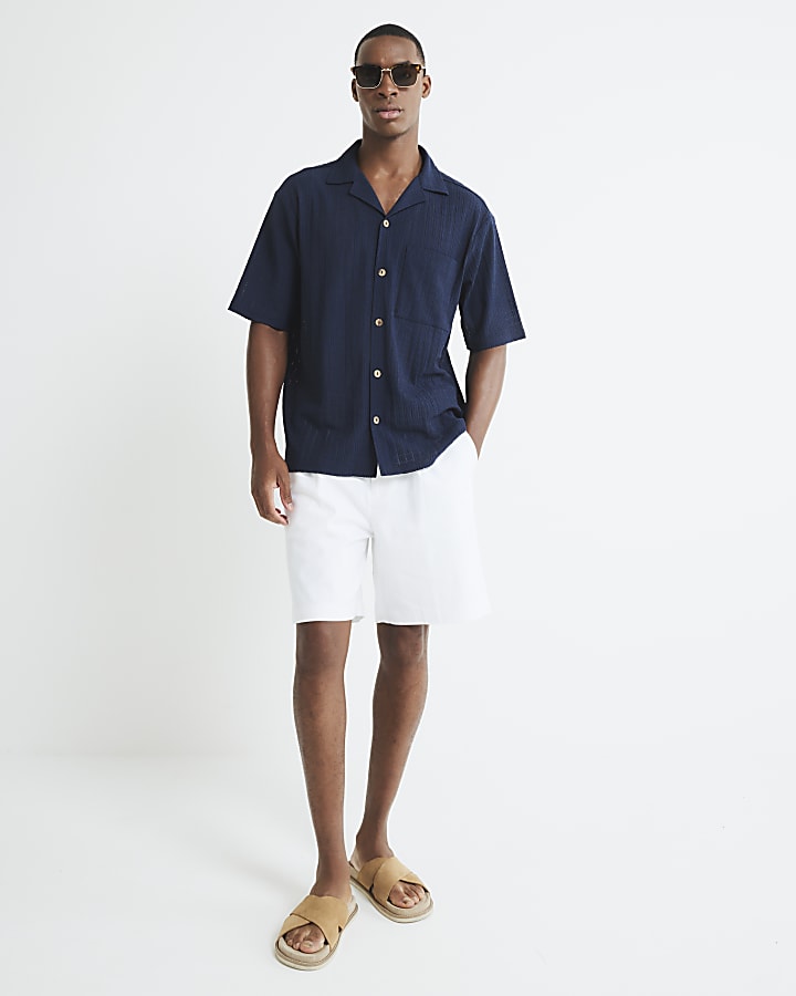 Navy Regular Fit Grid Textured Revere Shirt