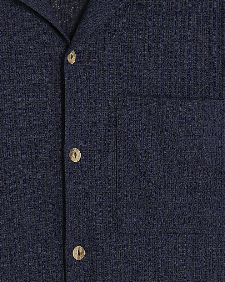 Navy Regular Fit Grid Textured Revere Shirt