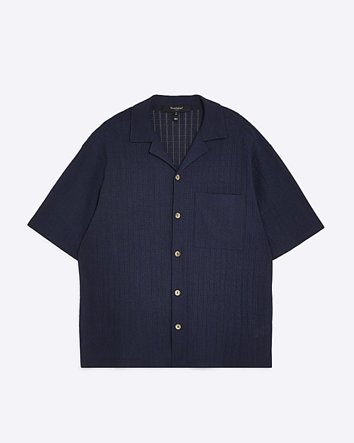 Navy Regular Fit Grid Textured Revere Shirt