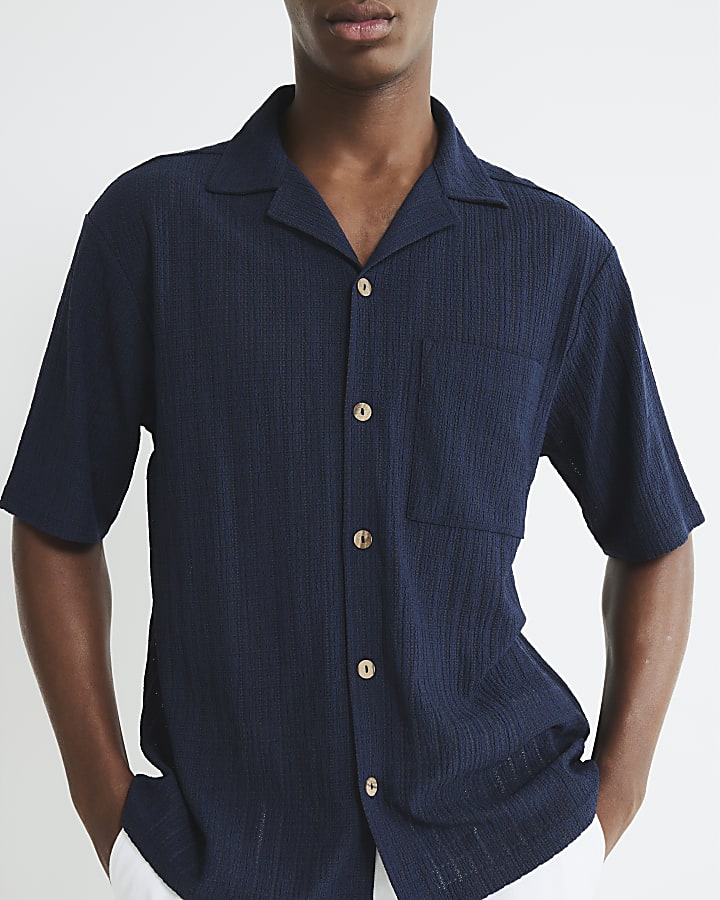 Navy Regular Fit Grid Textured Revere Shirt