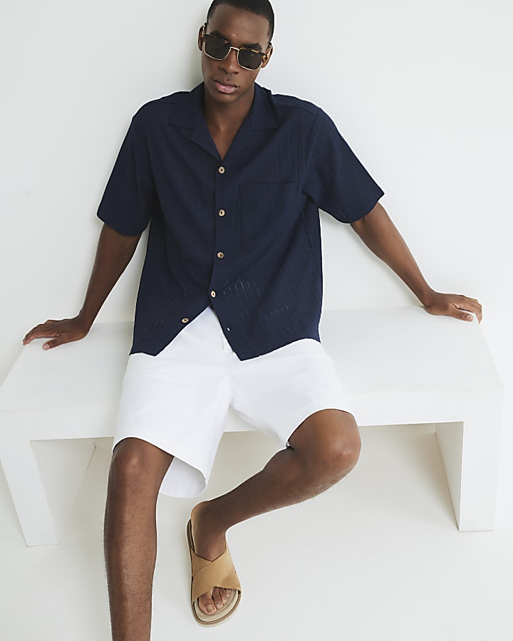 Navy Regular Fit Grid Textured Revere Shirt
