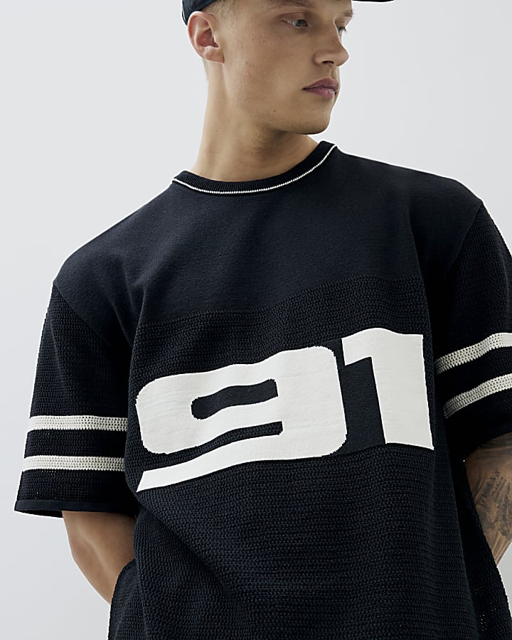 Black Short Sleeve Moto 91 Knitted T-Shirt