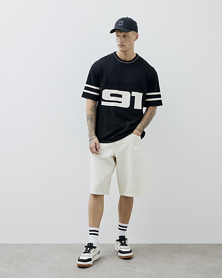 Black Short Sleeve Moto 91 Knitted T-Shirt