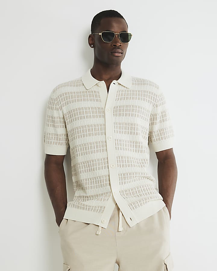 Cream Slim Fit Knitted Stripe Shirt
