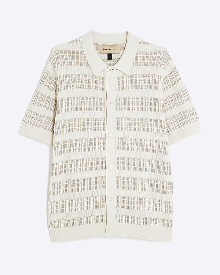 Cream Slim Fit Knitted Stripe Shirt