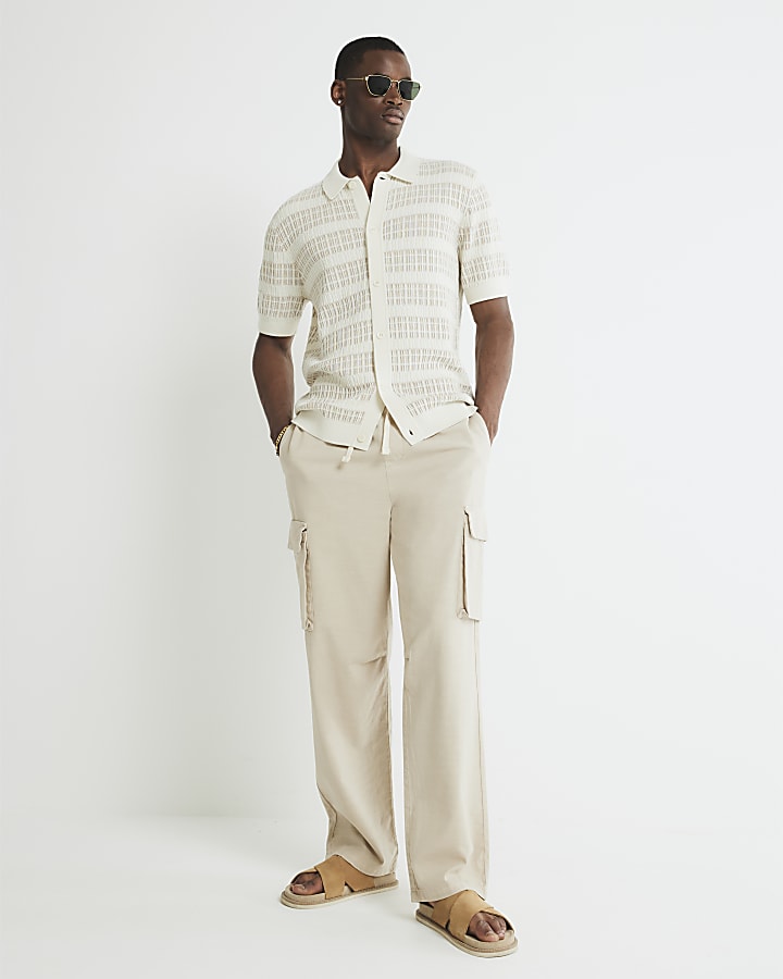 Cream Slim Fit Knitted Stripe Shirt