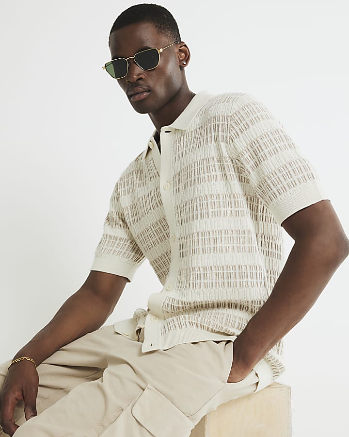 Cream Slim Fit Knitted Stripe Shirt