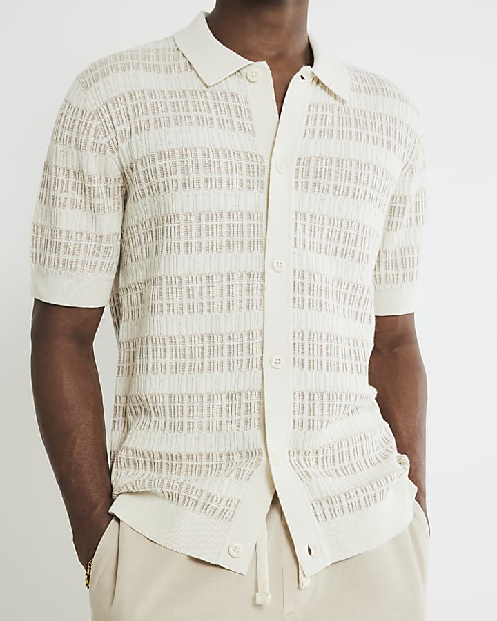 Cream Slim Fit Knitted Stripe Shirt