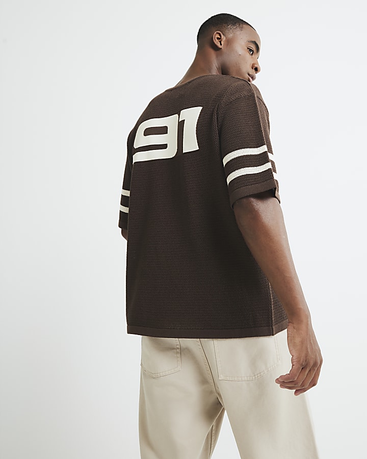Brown Moto Badge Knitted T-Shirt