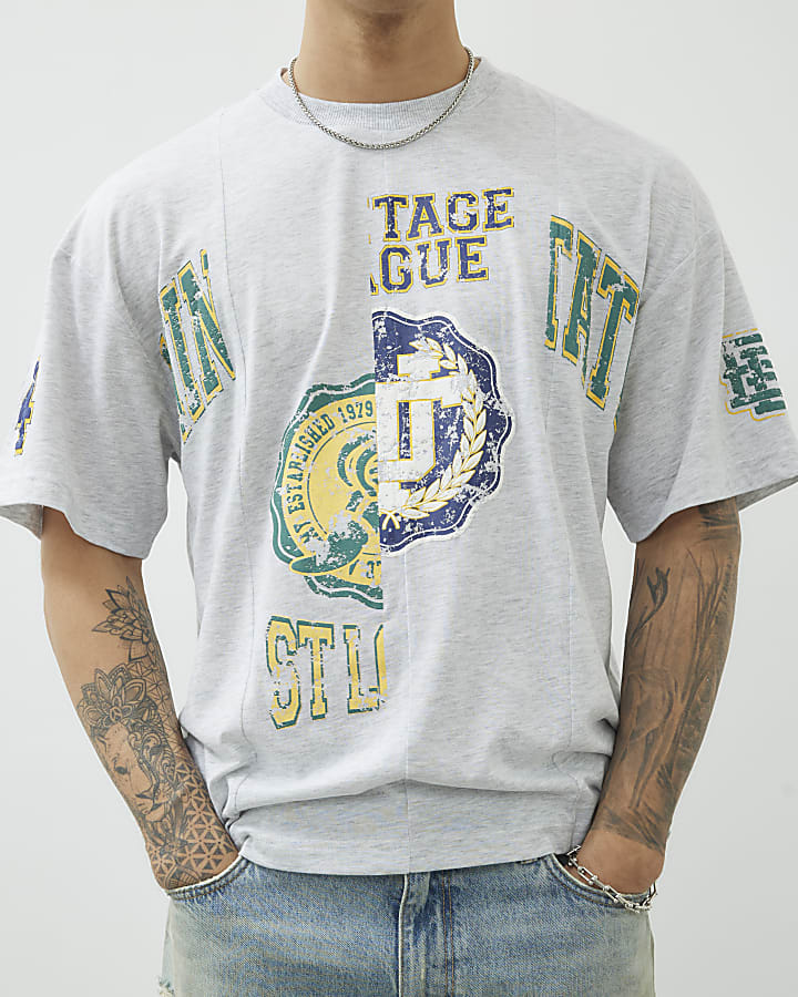 Grey Regular Fit College Spliced T-Shirt