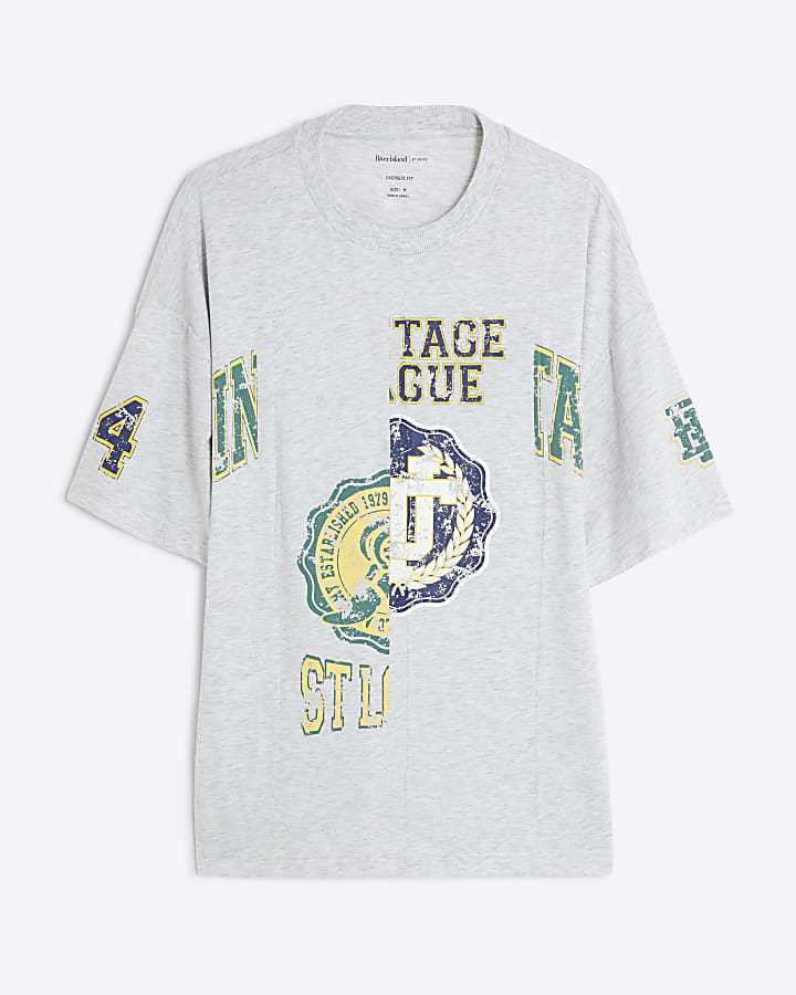 Grey Regular Fit College Spliced T-Shirt