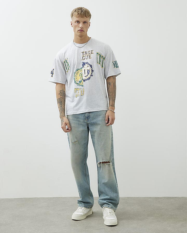 Grey Regular Fit College Spliced T-Shirt