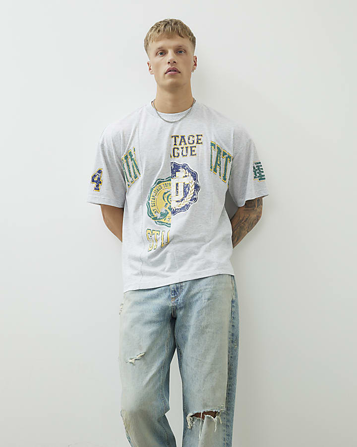 Grey Regular Fit College Spliced T-Shirt