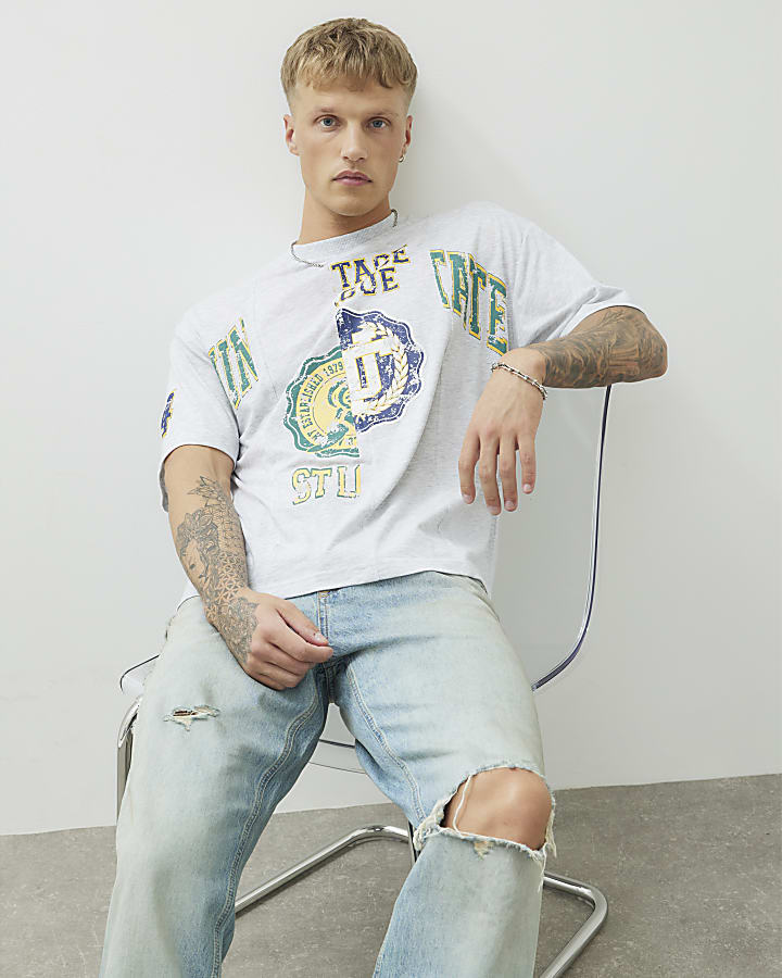 Grey Regular Fit College Spliced T-Shirt