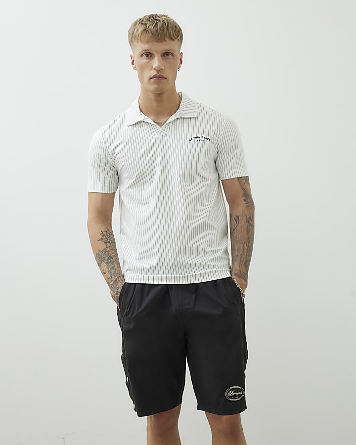 Ecru Regular Fit Stripe Open Neck Polo Shirt