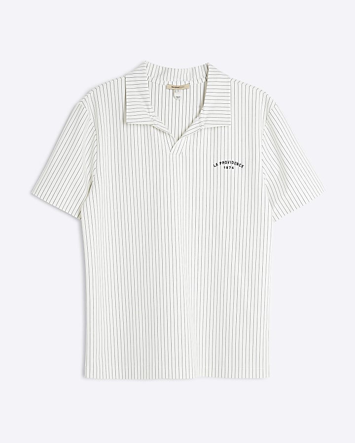 Beige Regular Fit Stripe Open Neck Polo Shirt