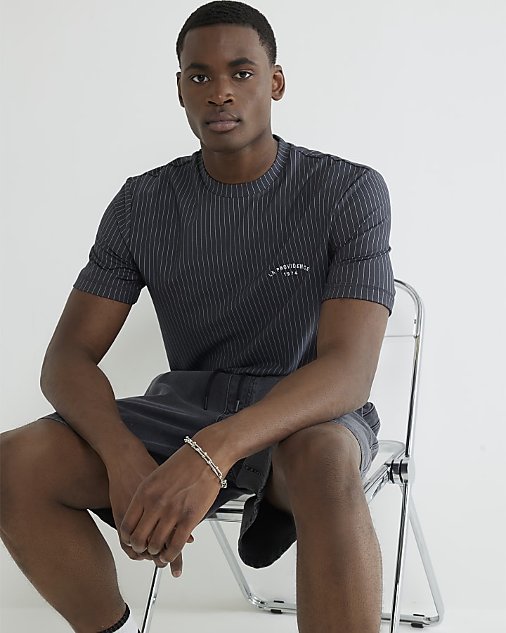 Grey Regular Fit Stripe T-Shirt