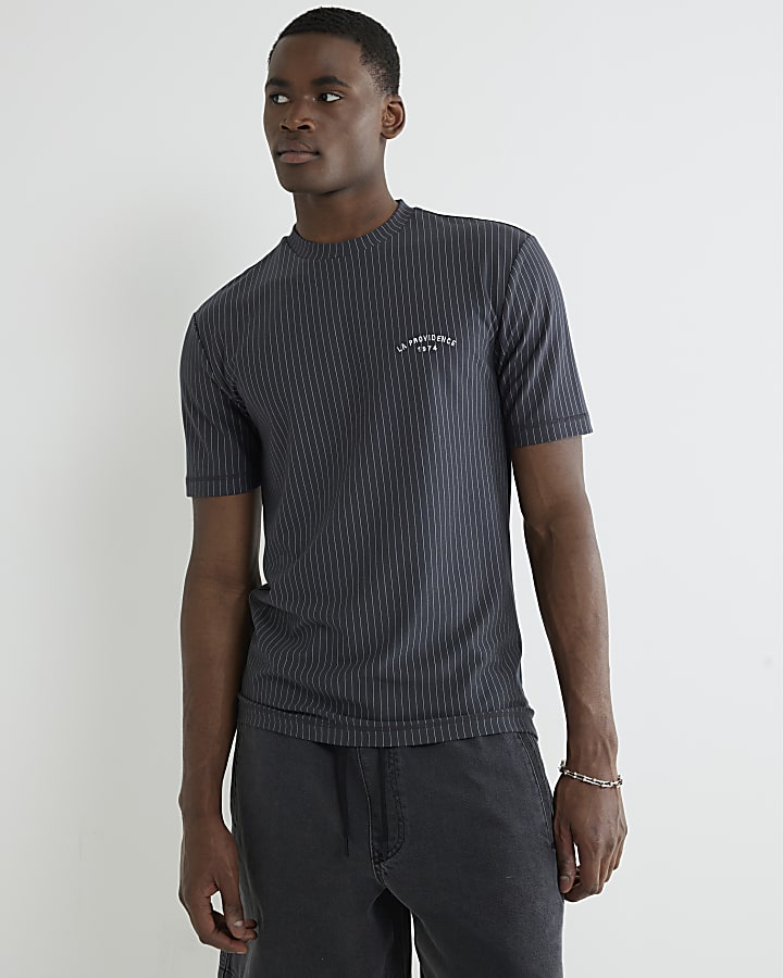 Grey Regular Fit Stripe T-Shirt