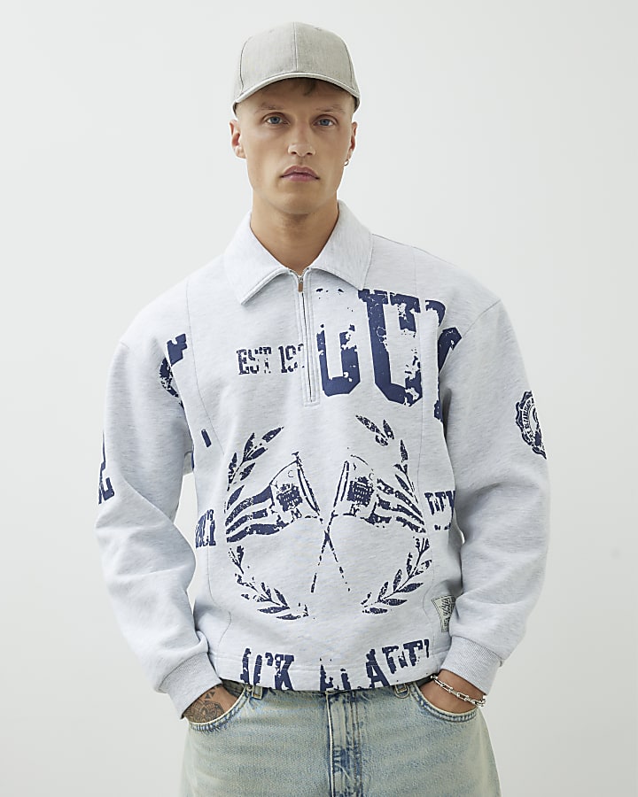 Grey Regular Fit Quarter Zip Polo Sweatshirt