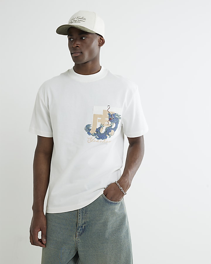 Beige Yokohoma Dragon Pocket T-Shirt