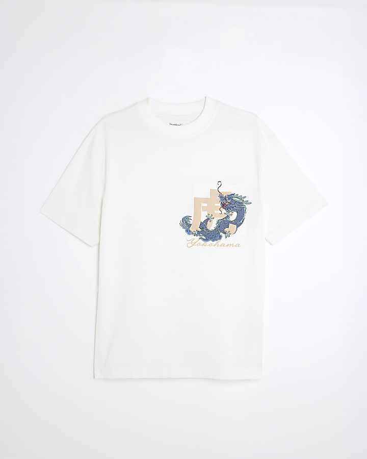Beige Yokohoma Dragon Pocket T-Shirt