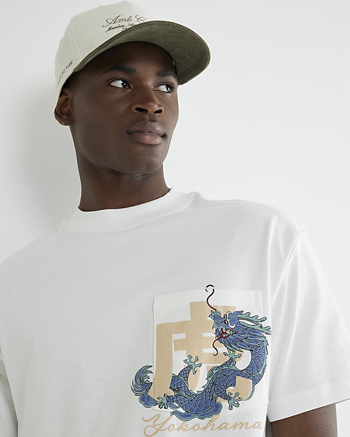 Beige Yokohoma Dragon Pocket T-Shirt