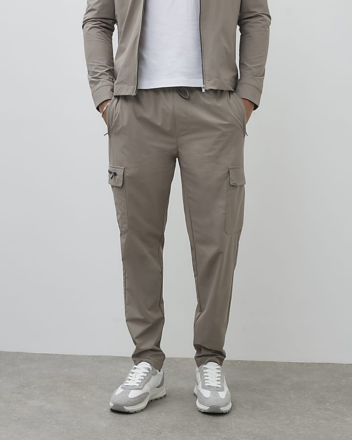 Brown Nylon Skinny Fit Cargo Trousers