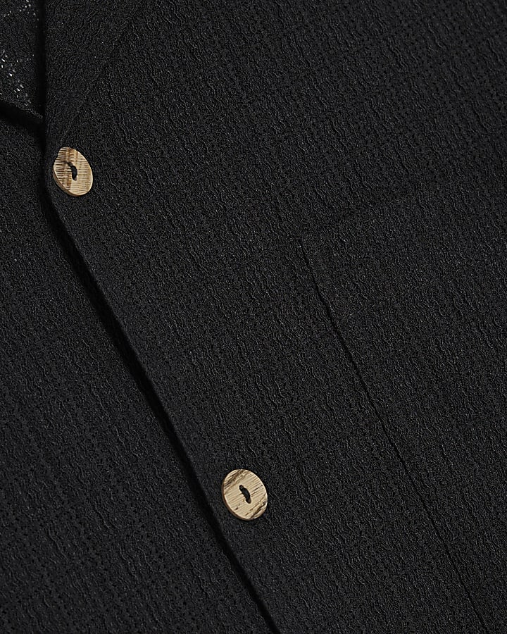 Black Regular Fit Grid Textured Revere Shirt