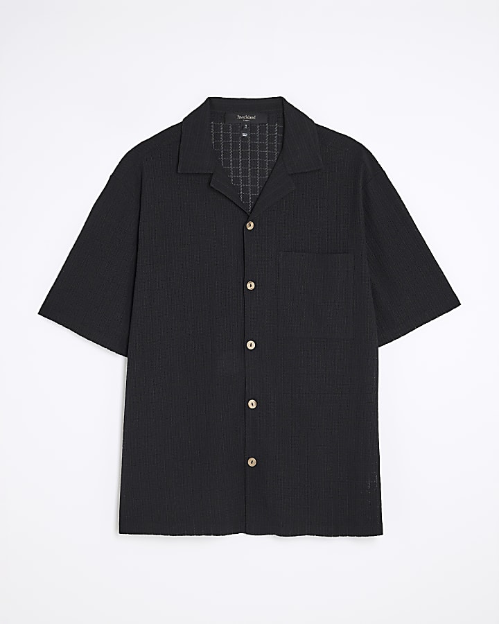 Black Regular Fit Grid Textured Revere Shirt