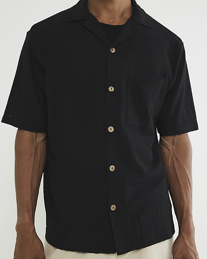 Black Regular Fit Grid Textured Revere Shirt