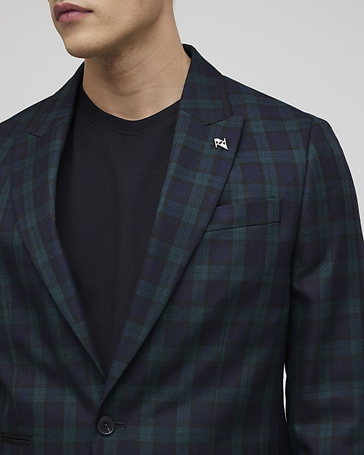 Green Slim Fit Check Suit Jacket