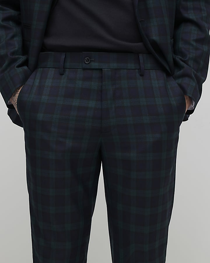 Green Slim Fit Check Suit Trousers