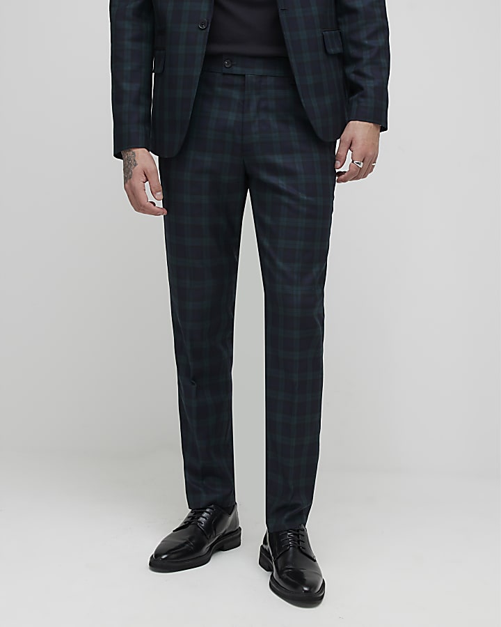 Green Slim Fit Check Suit Trousers