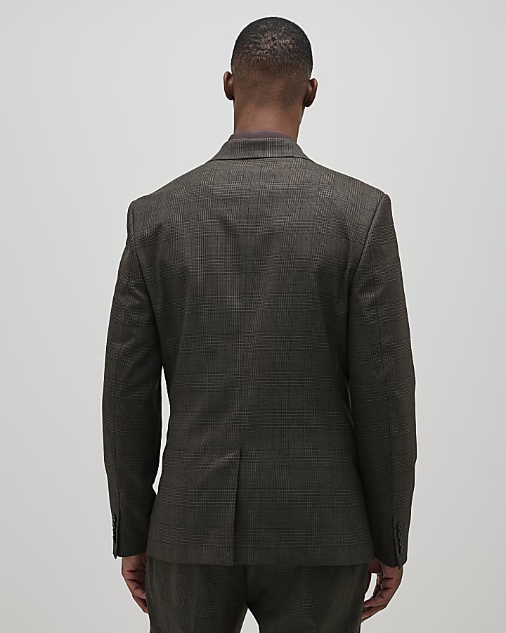 Brown Slim Fit Check Suit Jacket