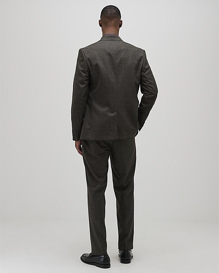 Brown Slim Fit Check Suit Trousers