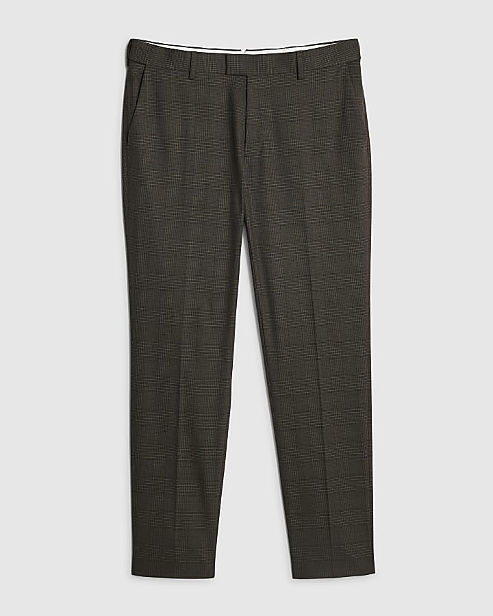 Brown Slim Fit Check Suit Trousers